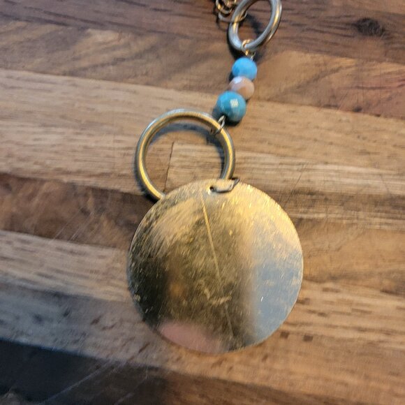 Y Pendant Necklace Blue/White Beads Large Golden Disc Leather Cord - Picture 6 of 14